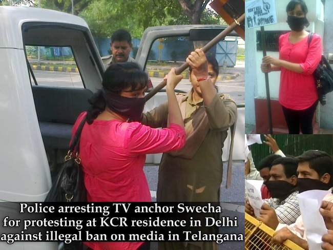 TV9 Swecha Sravan protest at KCR Delhi House
