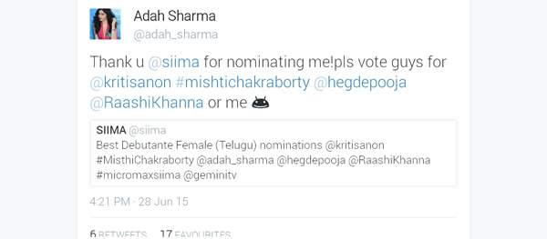 adah sharma tweet on nominations