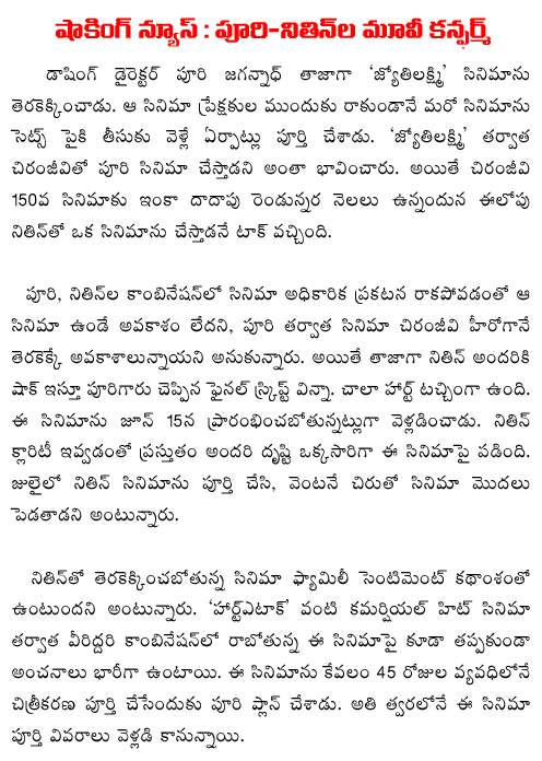 Puri jagannatah and nithin reddy movie starts on 15th june