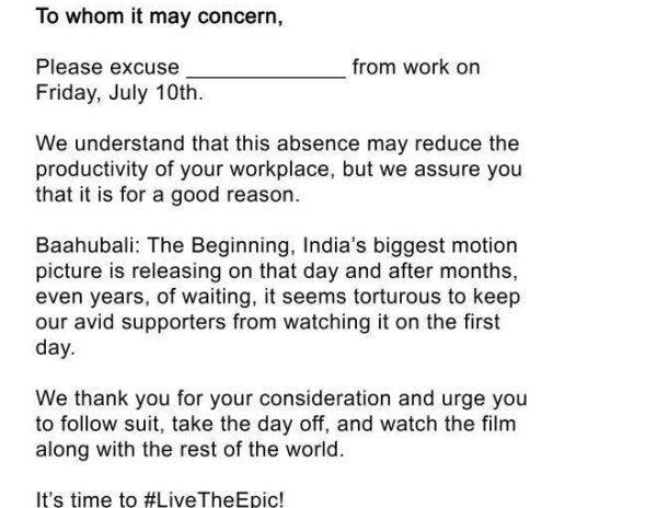  'Baahubali' Leave Letter for July 10th