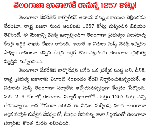 1257 crores into telangana acount