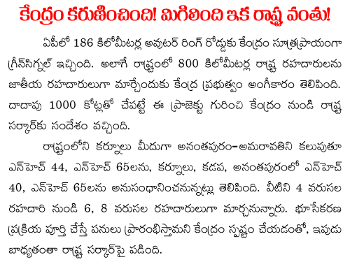 central goverment approves outer ring road for amaravathi
