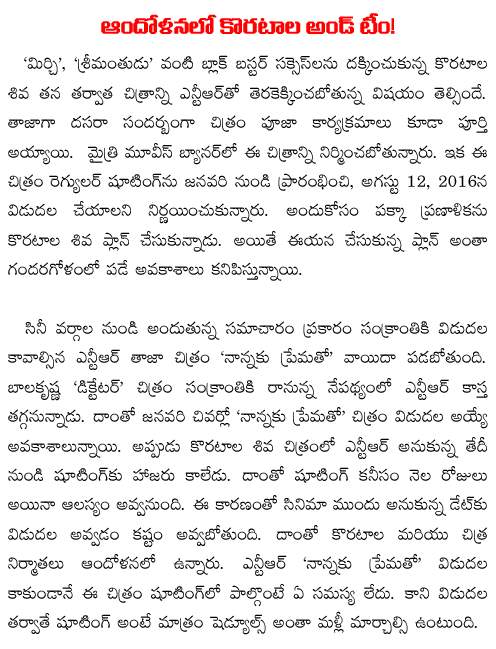 doubts on koratala siva ntr movie