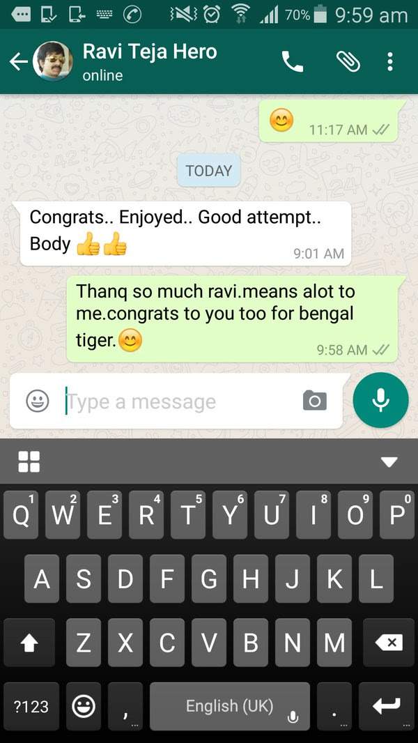 ravi teja whatsapp message on bhale manchi roju