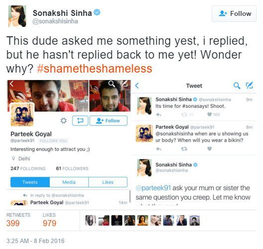 sonakshi sinha  SHUT UP a pervert on Twitter in style!