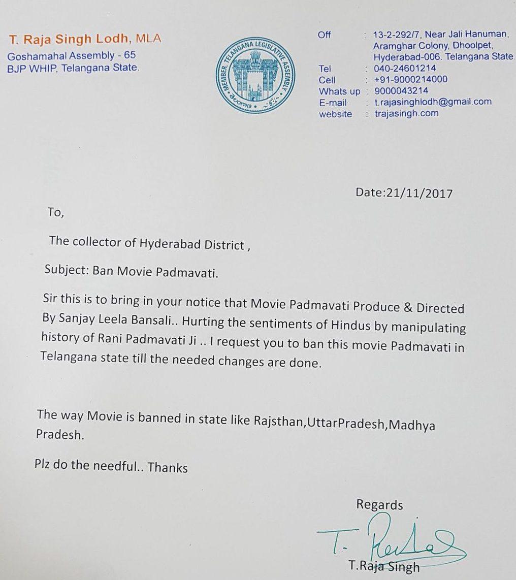 KCR Gets a Request from T Raja Singh Lodh to Ban Padmavati Movie