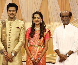 Rajinikanth Attends Wedding Reception of AVM Saravanan's Grand Daughter