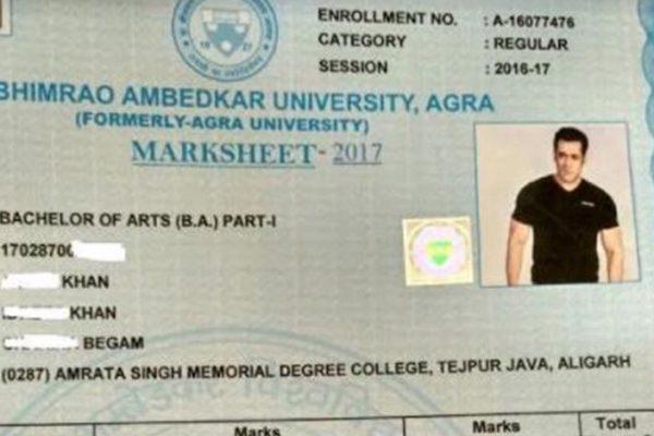 Salman Khan B A Marksheet Agra University