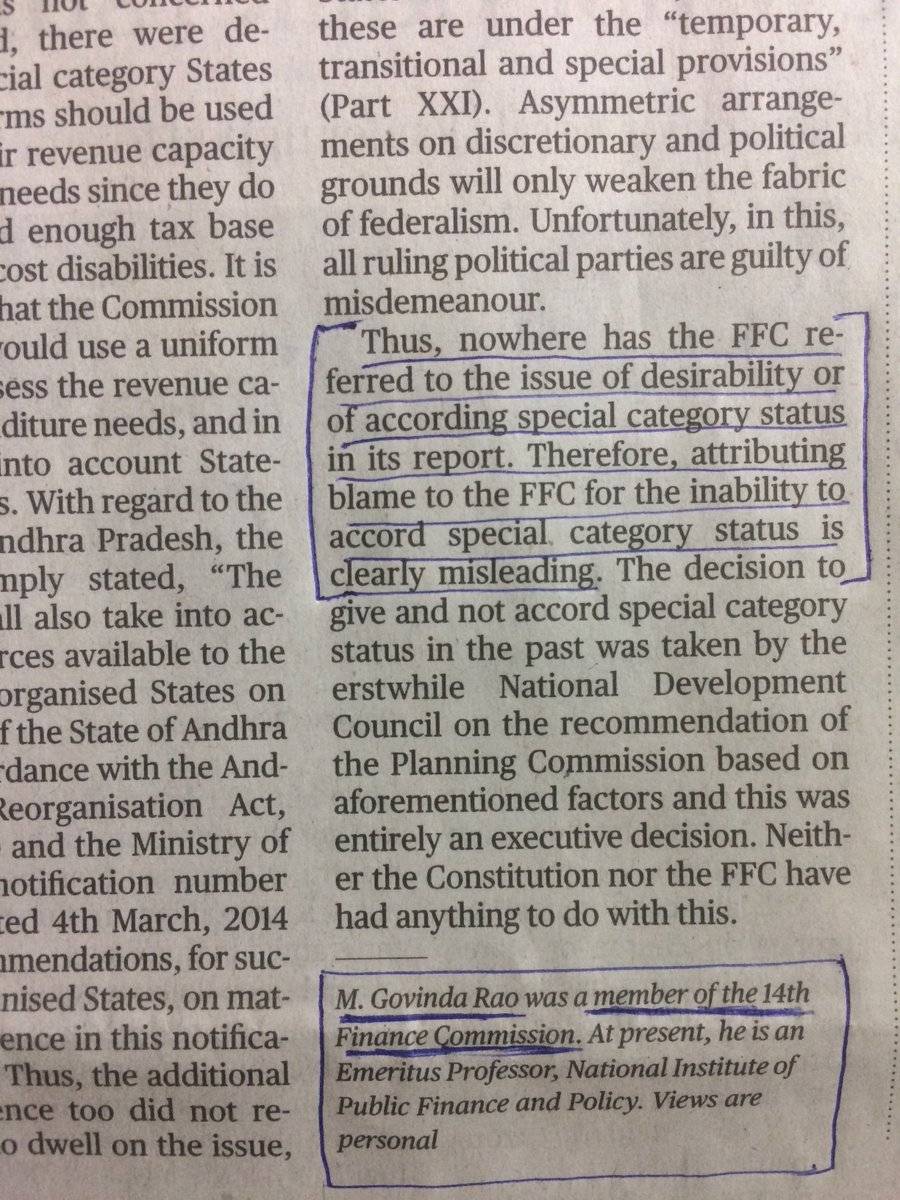 14th Finance Commission Member Refutes Jaitley's Claim on Special Status