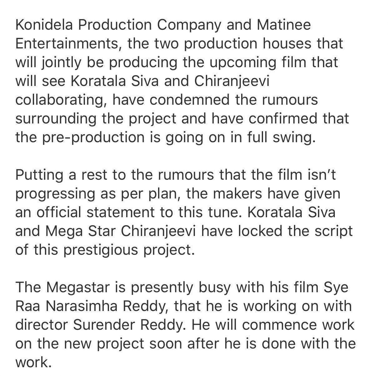 Chiranjeevi koratala siva movie update
