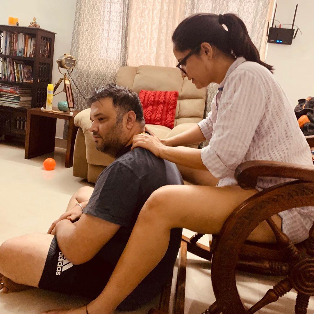 Anasuya Bharadwaj Massaging Her Hubby