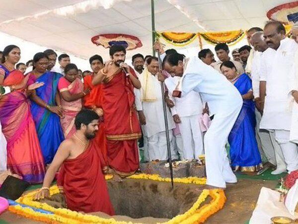KCR Foundation Stone Laid for Telangana State New Secretariat Harish Rao Attends