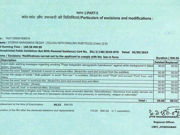 Sye Raa Narasimha Reddy Censor Certificate