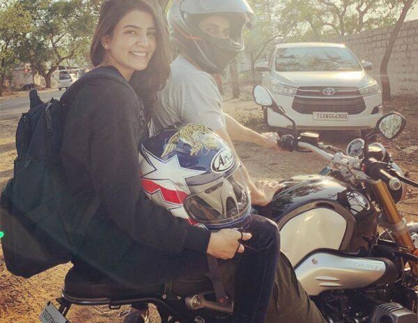 Female-Superstar-Samantha-on-Bike-out-on-Roads-With-Hubby