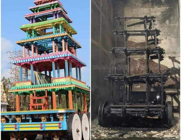 Ancient chariot of Antarvedi temple burnt