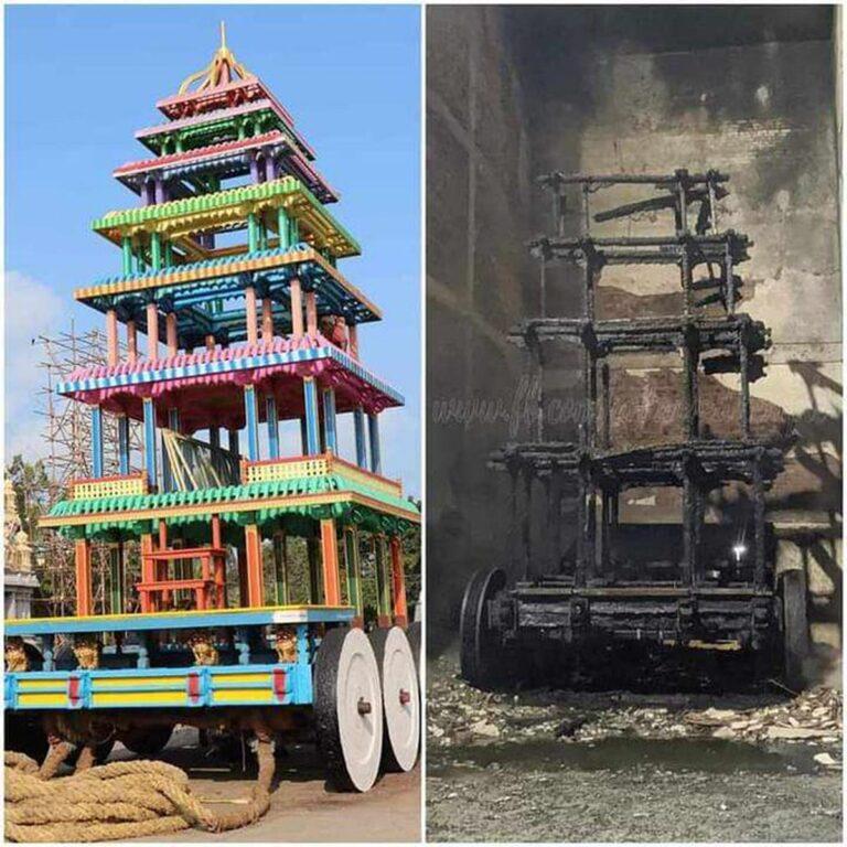 Ancient chariot of Antarvedi temple burnt