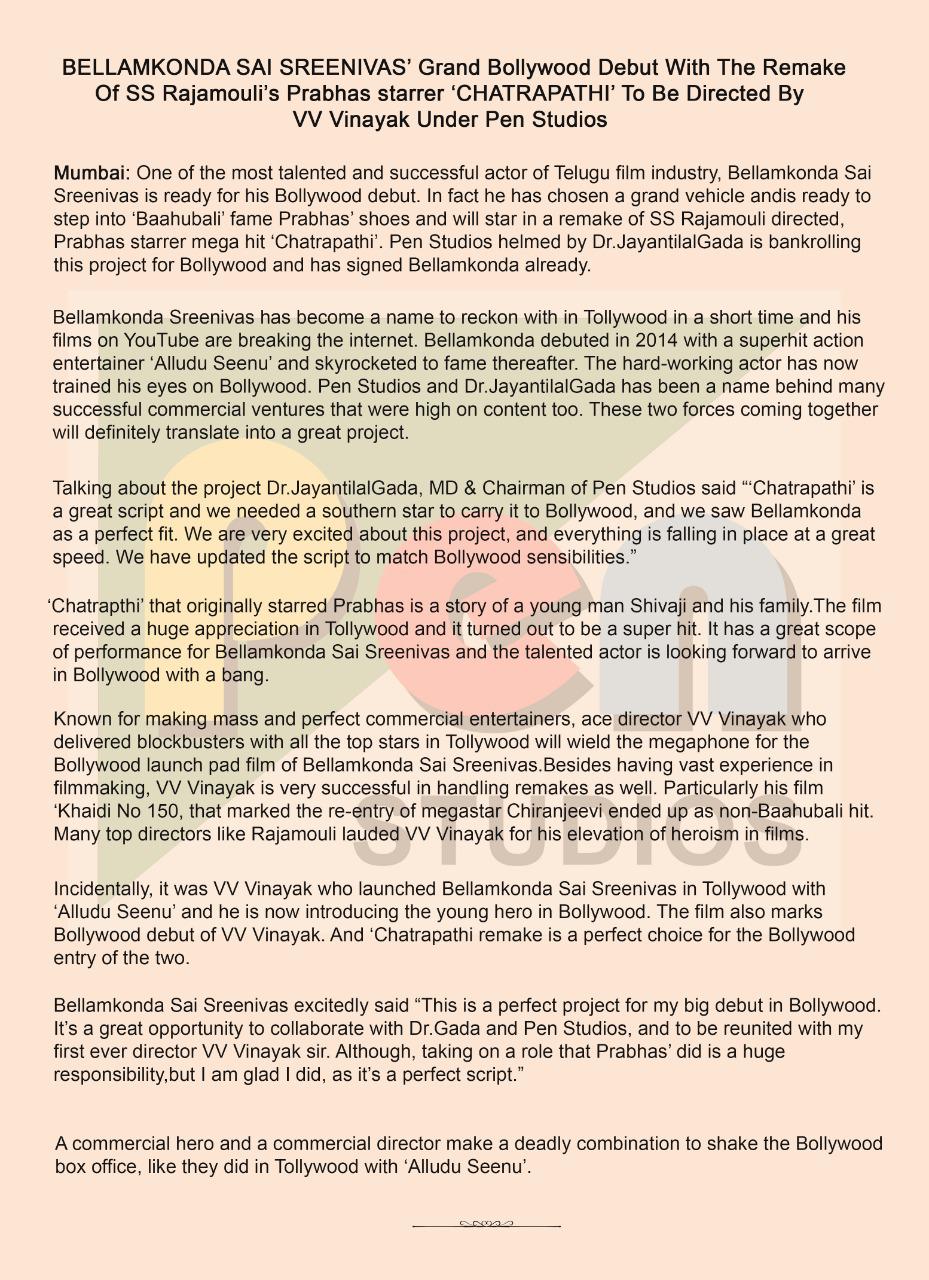 Bellamkonda Sa Srinivas Bollywood Debut