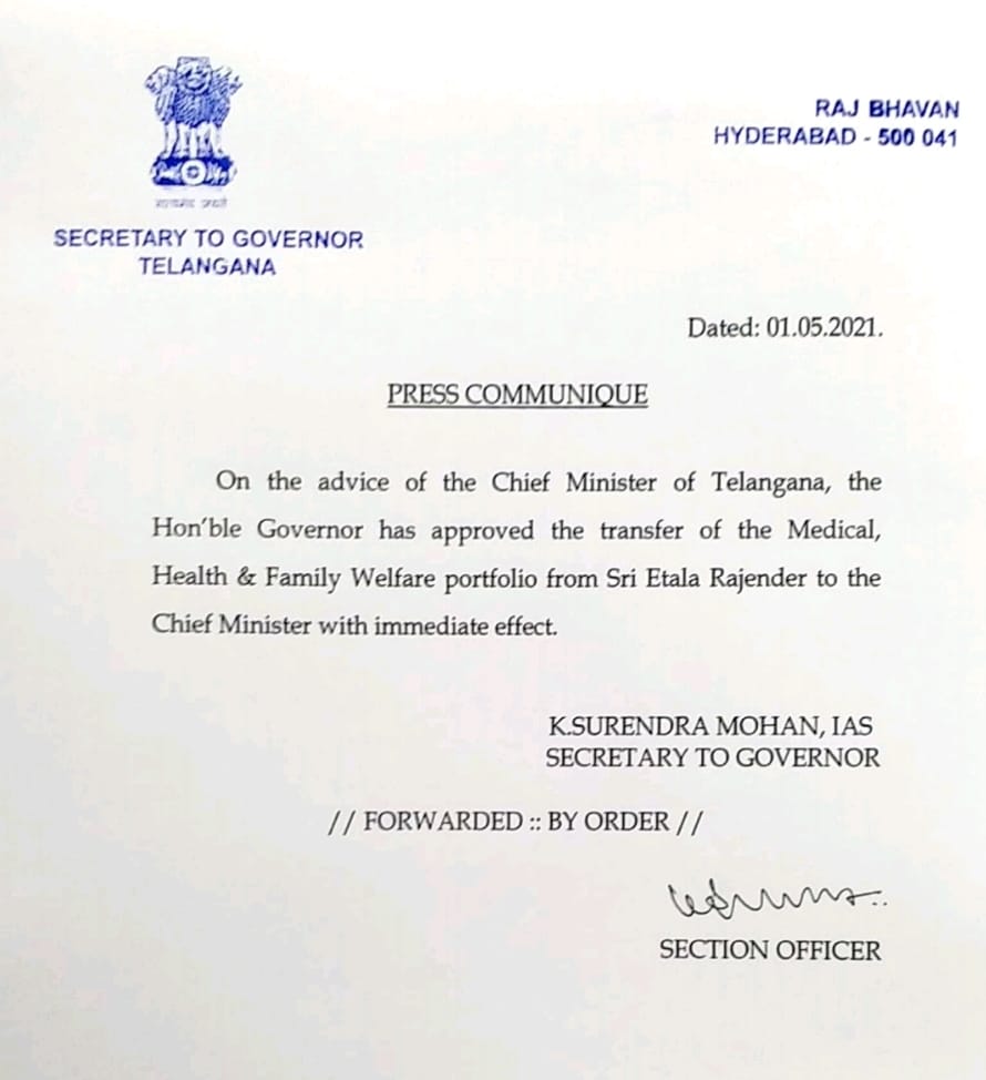 Etela Rajender has been removed as Health Minister with immediate effect
