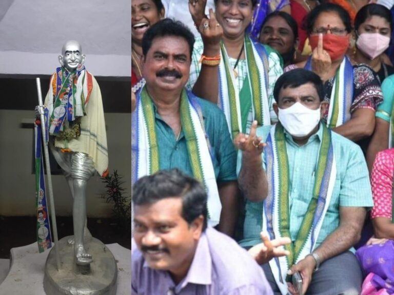 political party flags on mahatma gandhi