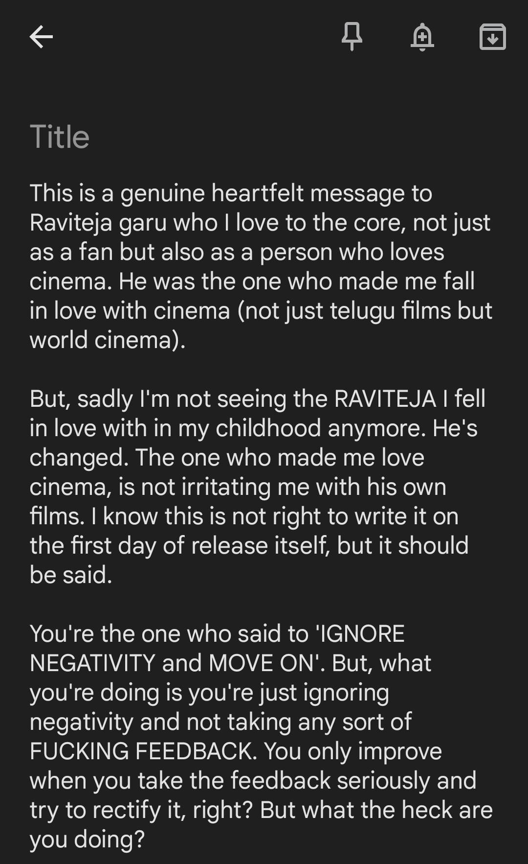 Fans’ Open Letter To Ravi Teja