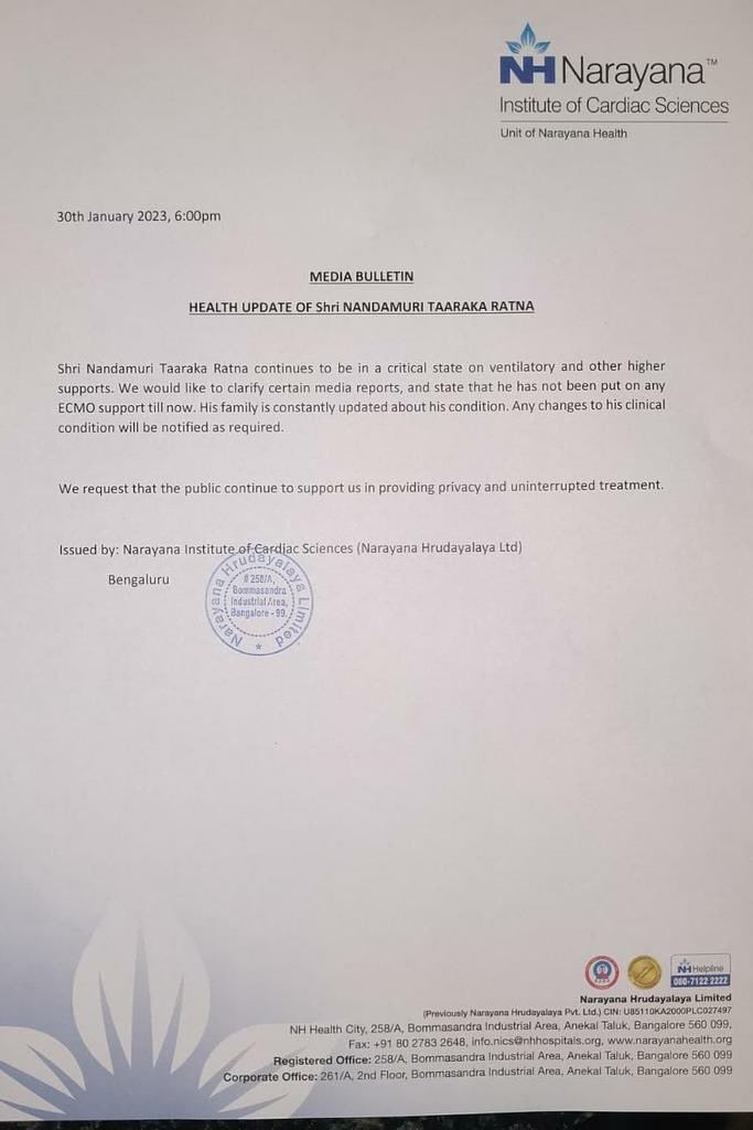 Taraka Ratna health bulletin