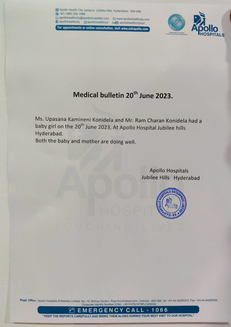 Ram Charan Upasana Baby Girl Apollo Hospital Letter