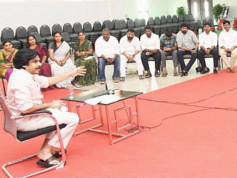 Pawan Kalyan With Party Leaders at Mangalagiri