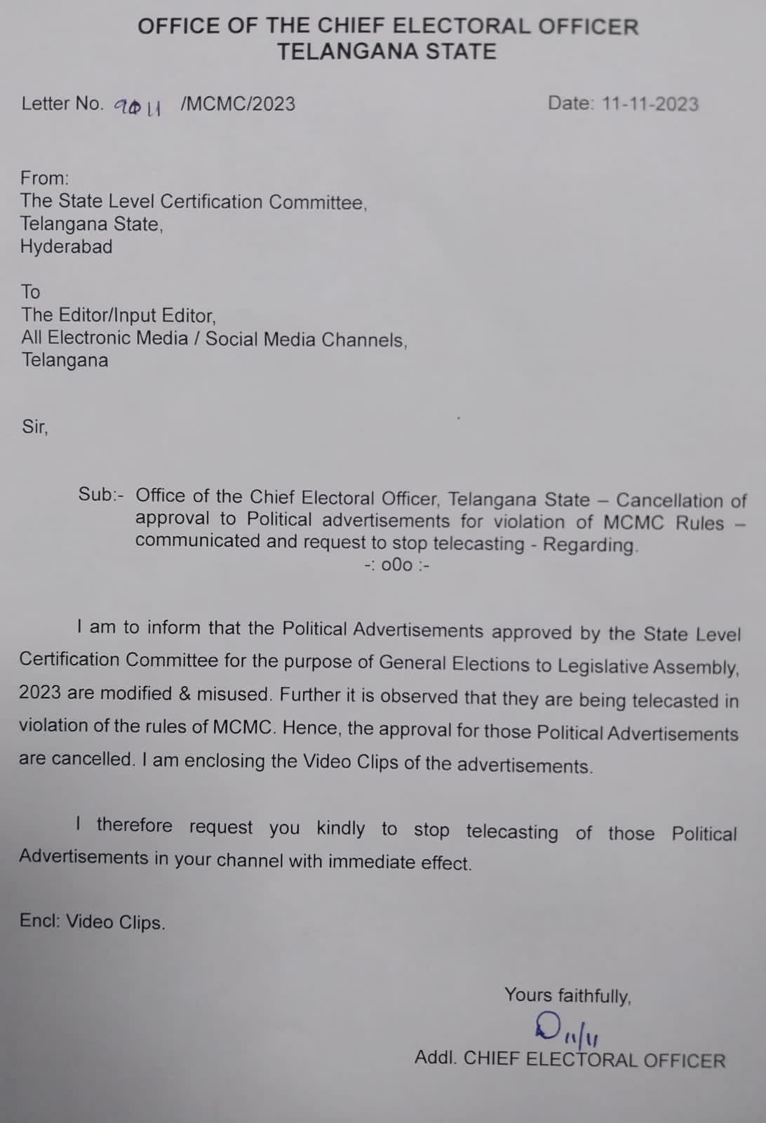 EC Telangana Letter