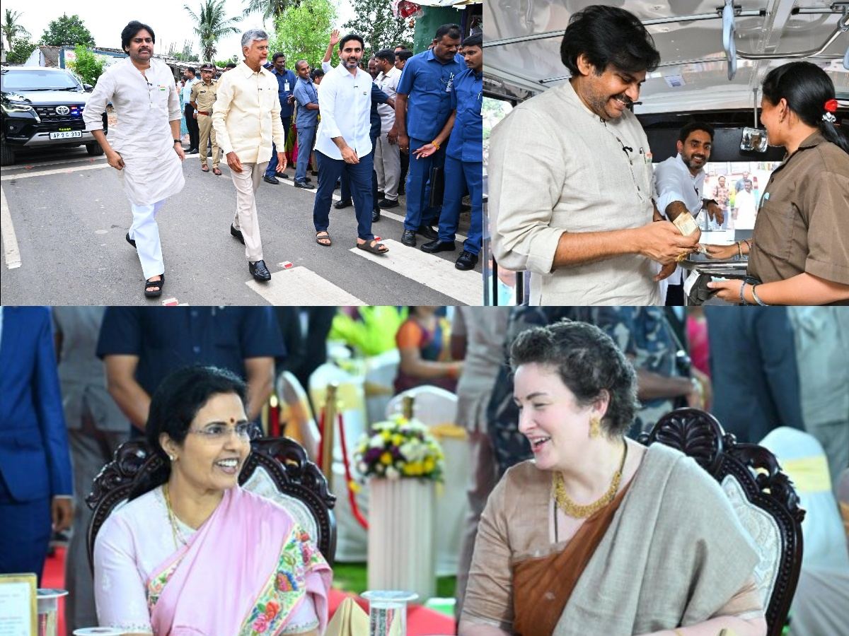 Chandrababu naidu, Pawan kalyan, Lokesh at Stree shakthi Free bus Launch