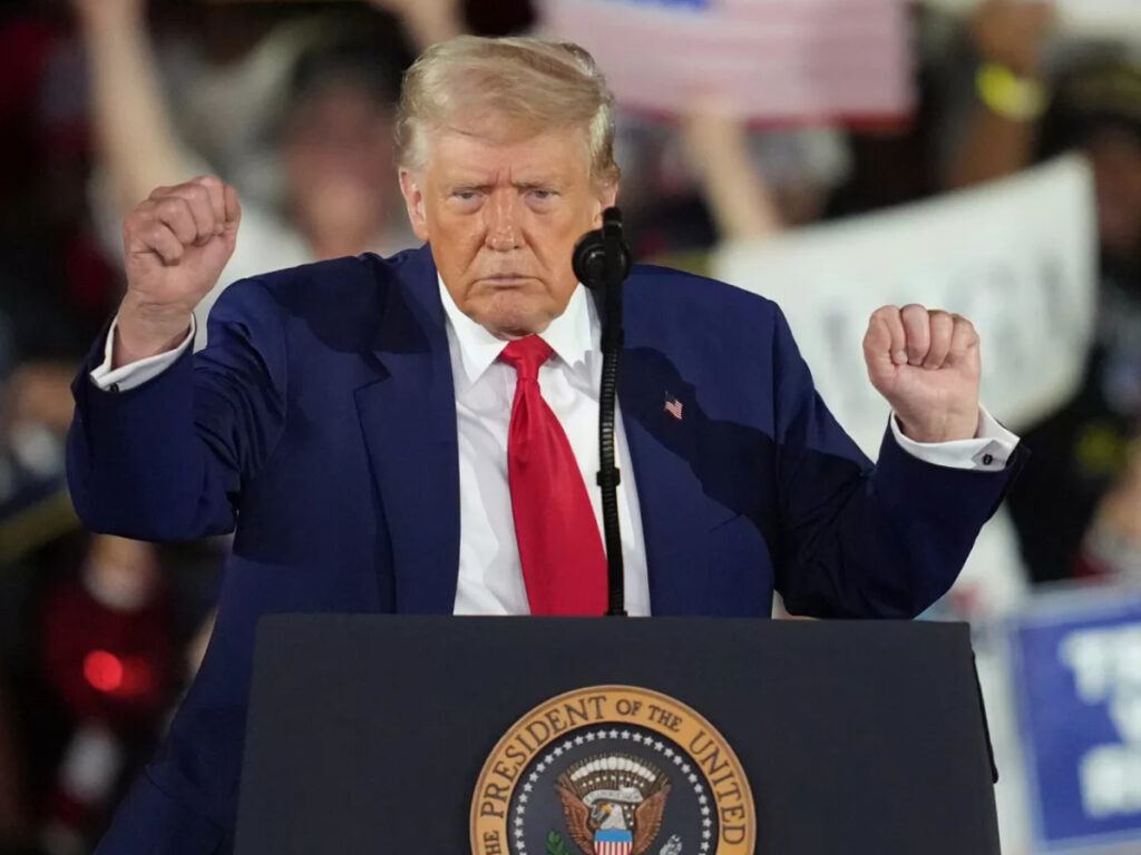 Donald Trump speaking on trade war policies
