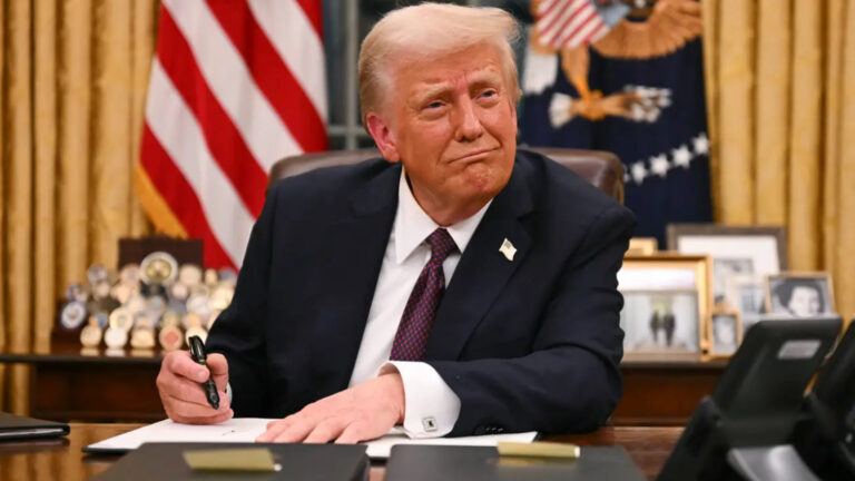 Donald Trump speaks on US-India relations with flags in background