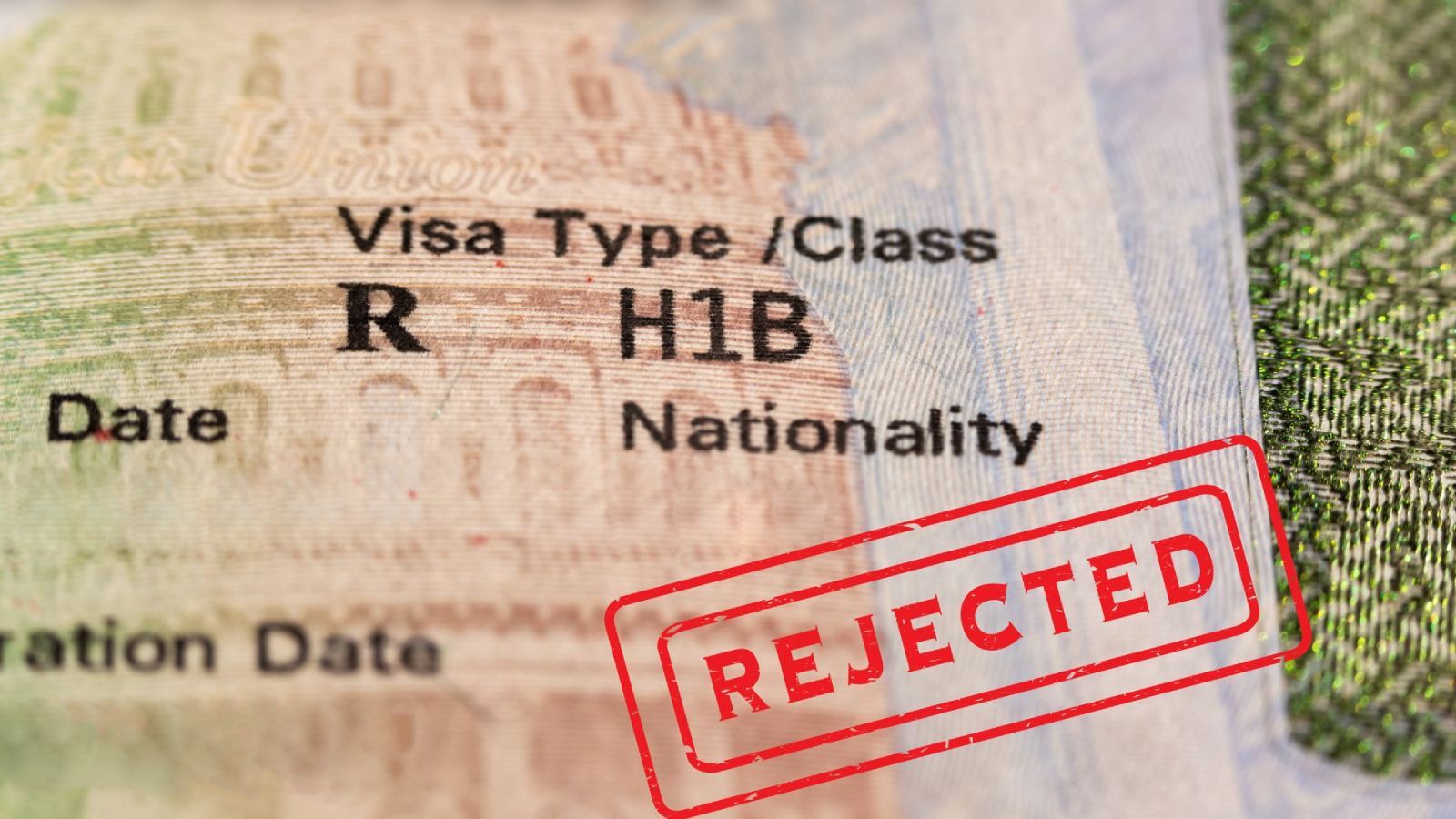 A rejected H-1B visa application with a disappointed applicant holding documents outside a US immigration office.