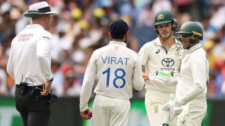 Virat Kohli in a heated moment during a Test match with Australian players in the background.