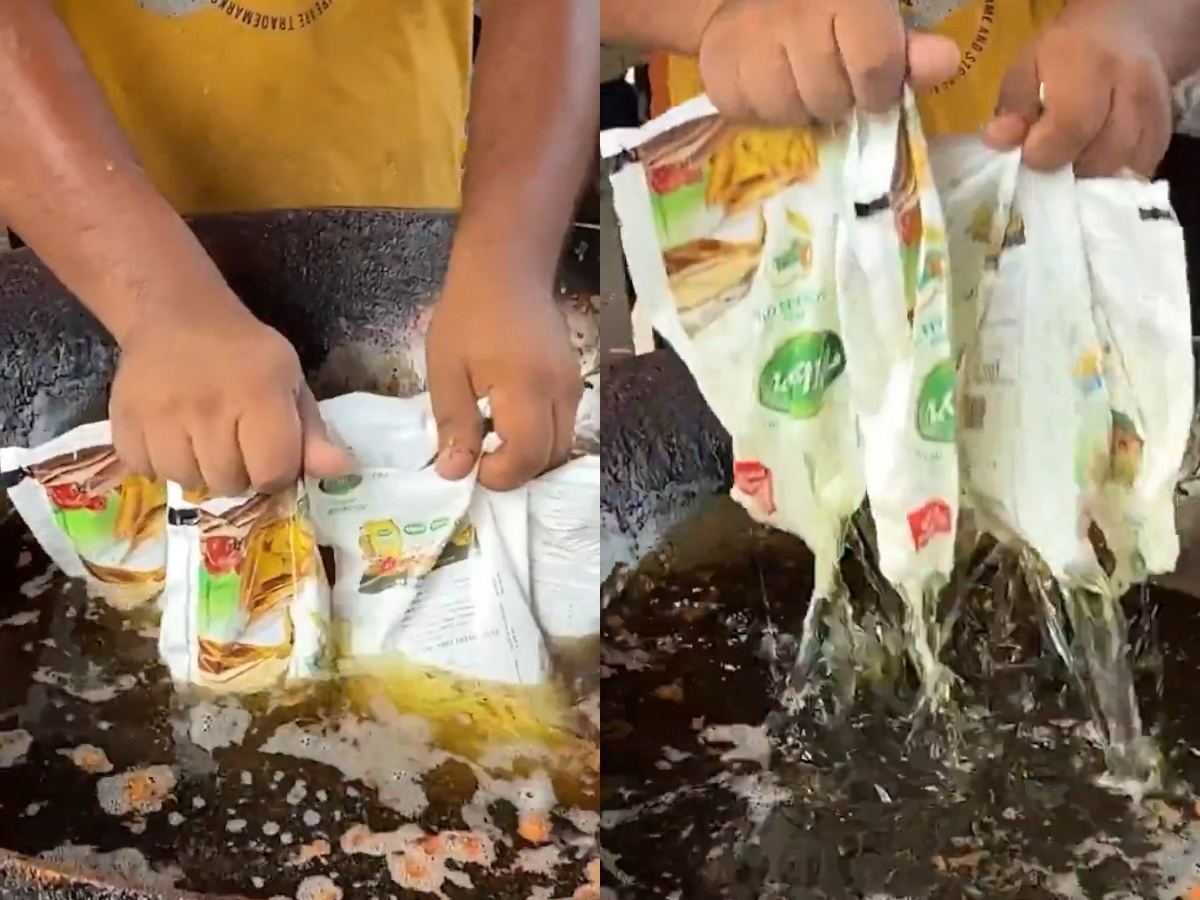 Plastic packet melting in street food oil
