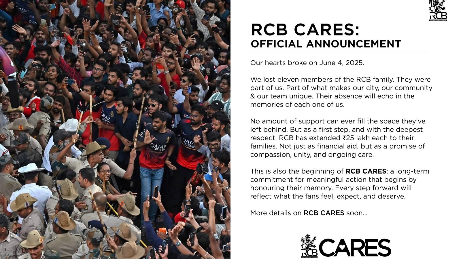 RCB CARES after stampede tragedy