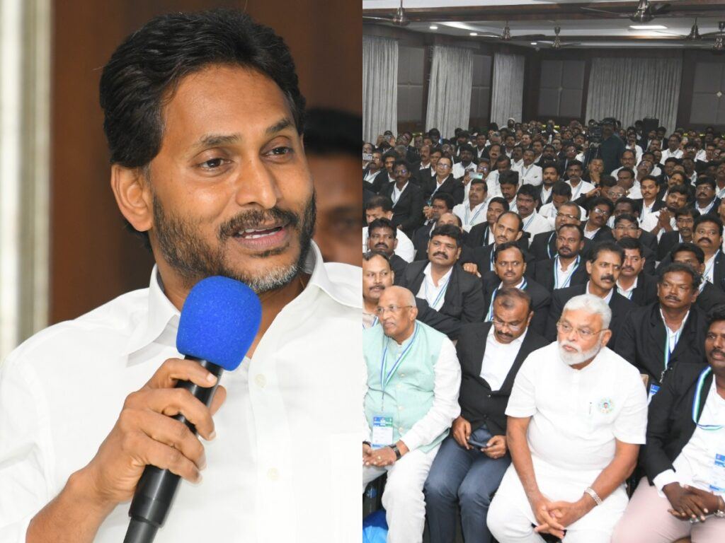YSRCP leader Jagan Mohan Reddy appearing serious during a meeting with the party’s legal cell members at Tadepalli Palace, amid arrest rumours.