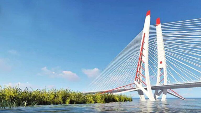 Amaravati cable bridge red white pylons