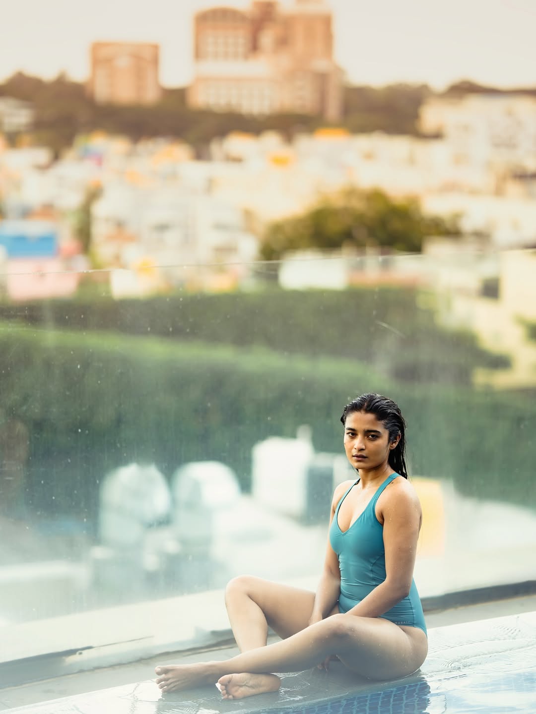 Bikini-clad Chaithra Achar looks radiant, showcasing stunning serious fashion.