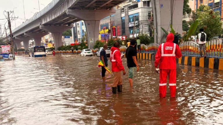 Flooded Hyderabad streets during heavy rainfall and monsoon chaos