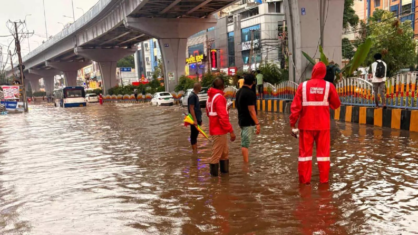 Flooded Hyderabad streets during heavy rainfall and monsoon chaos