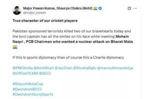 Indian captain Suryakumar Yadav shaking hands with Mohsin Naqvi at Asia Cup 2025 press conference in Dubai, sparking a major controversy.