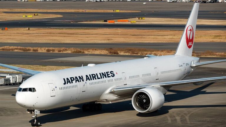 Japan Airlines plane at airport gate