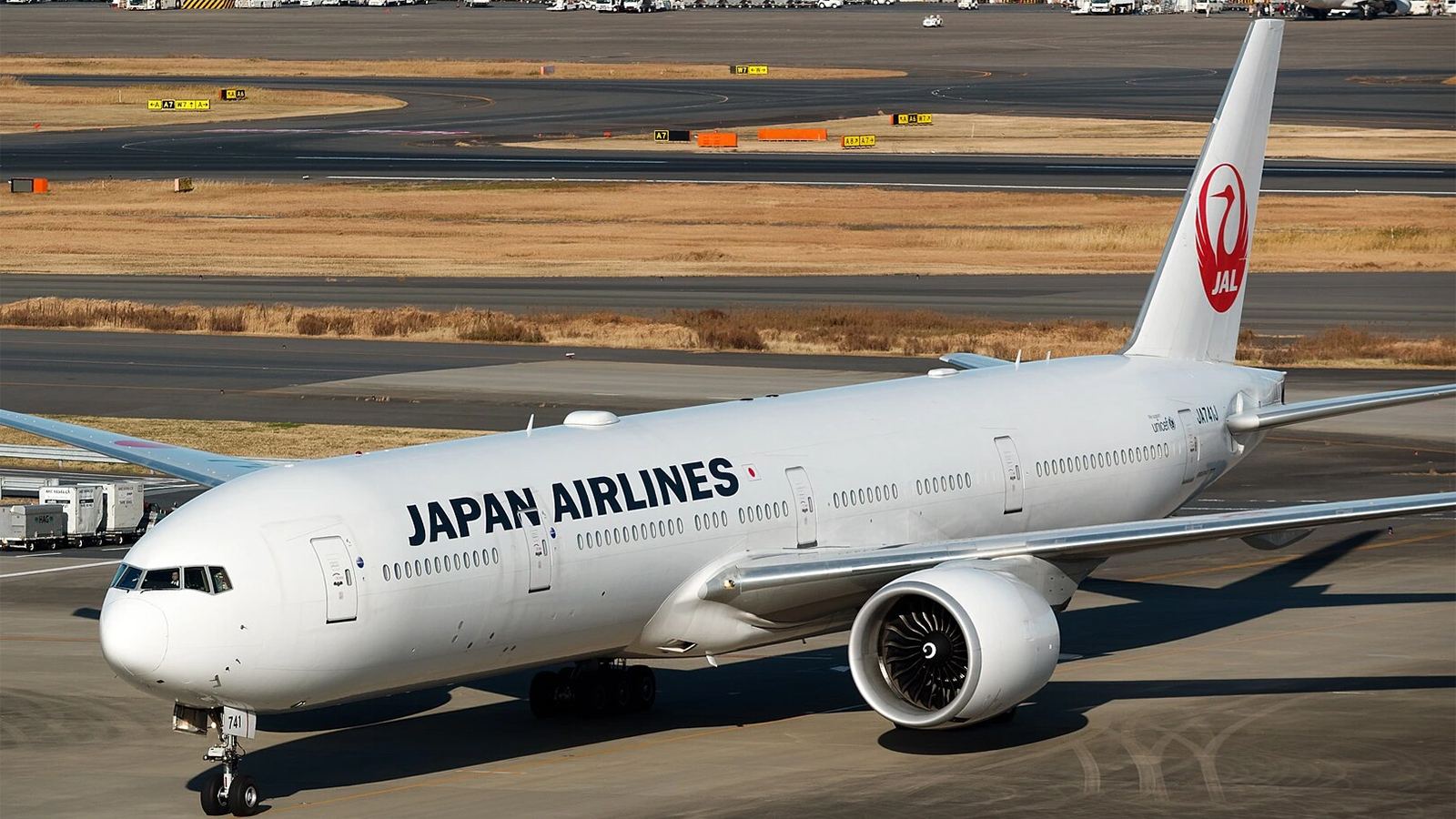 Japan Airlines plane at airport gate