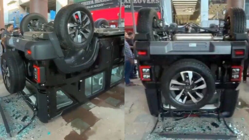 Mahindra Thar falls in Delhi showroom