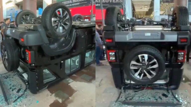 Mahindra Thar falls in Delhi showroom