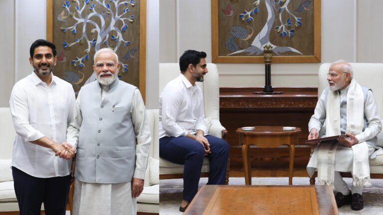 Nara Lokesh meeting PM Modi with handshake and bouquet