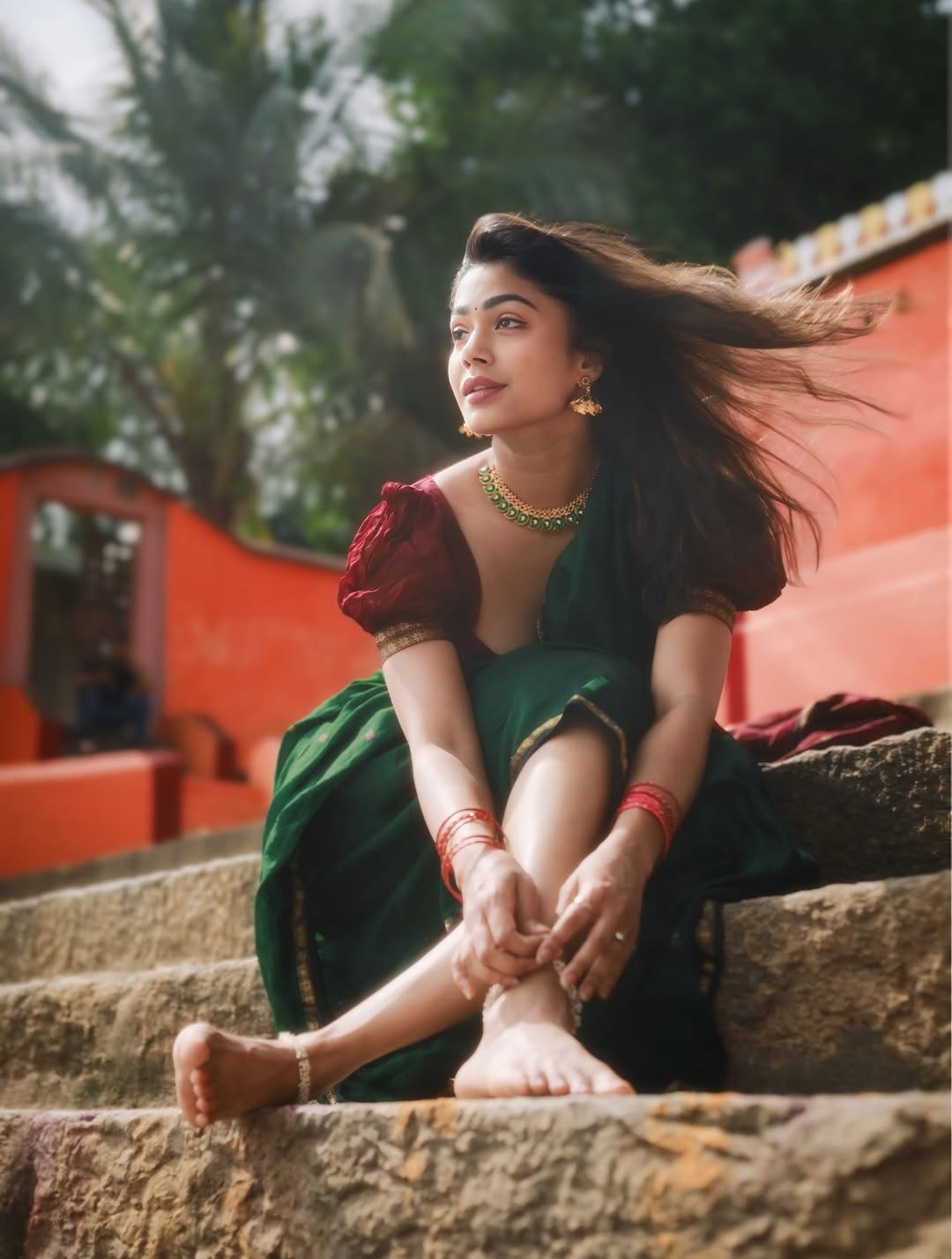 Payal Radhakrishna Sits Gracefully On Stone Steps
