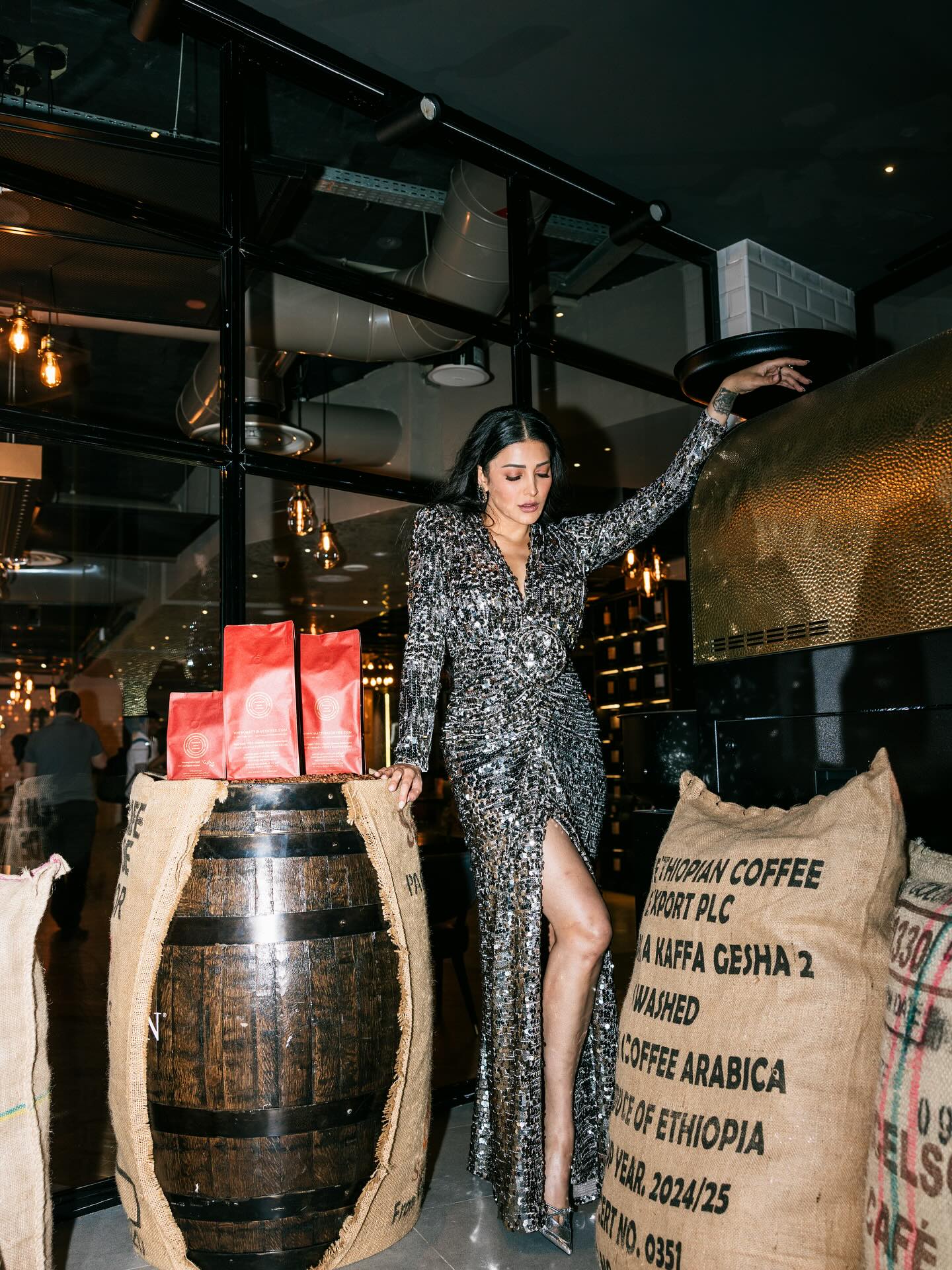 A close-up of Shruti Haasan's flawless makeup and shimmering dress.