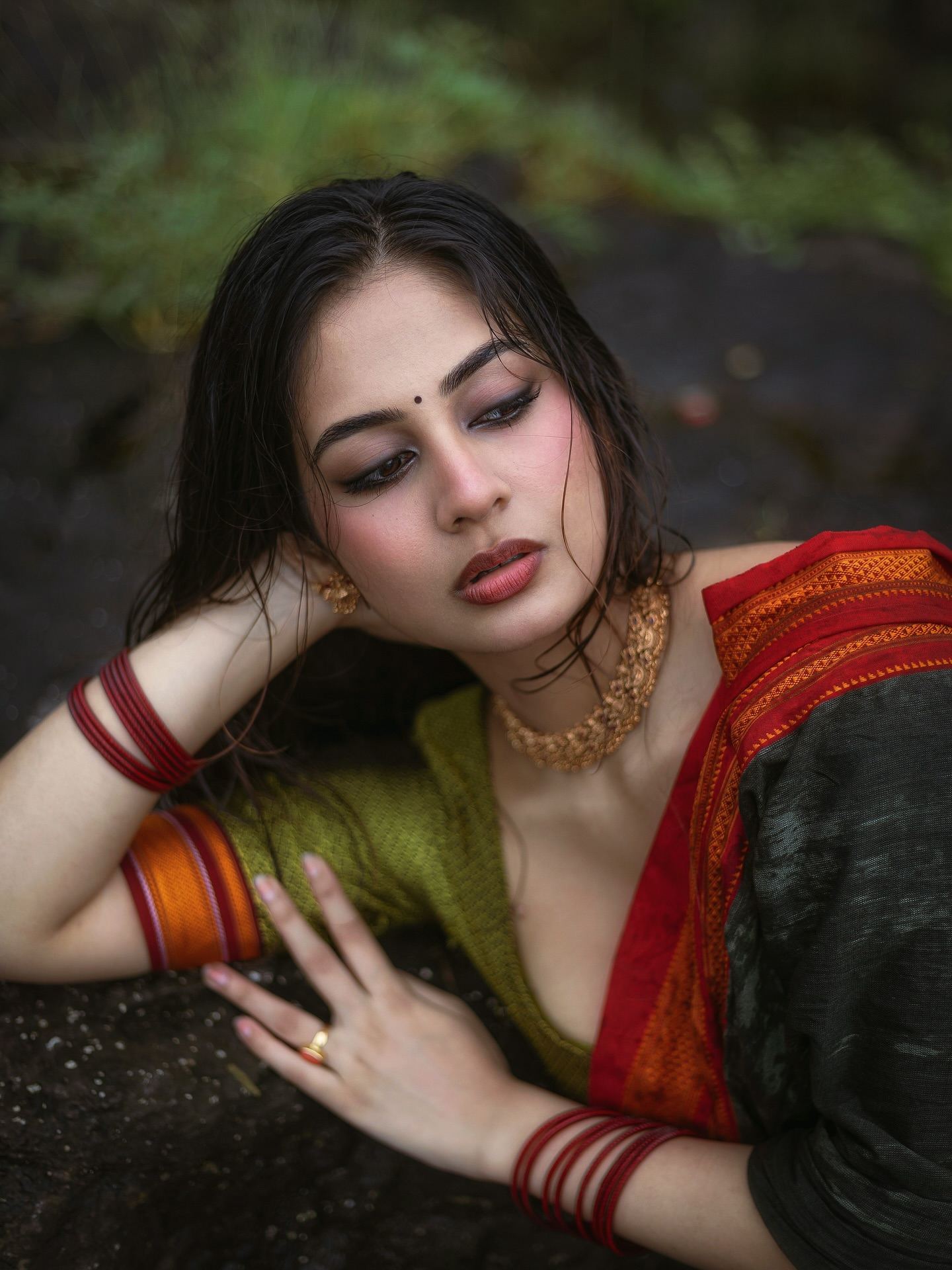 Srushti Bannatti Sizzles In Wet Saree By Flowing Waters