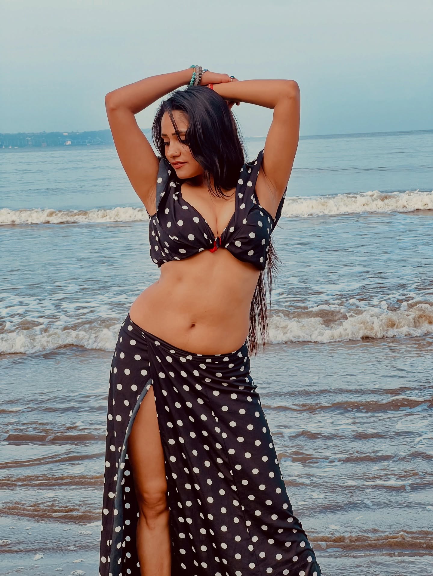 Swetha Sharma Bold Pose In Black Polka Dot Dress